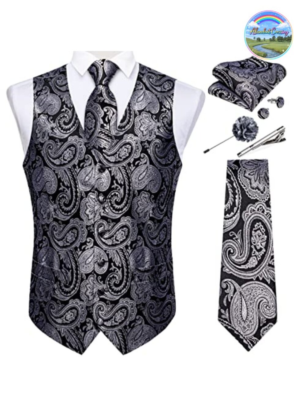 Silk Paisley Vest Tie Set Formal Waistcoat Necktie Pocket Square Cufflinks